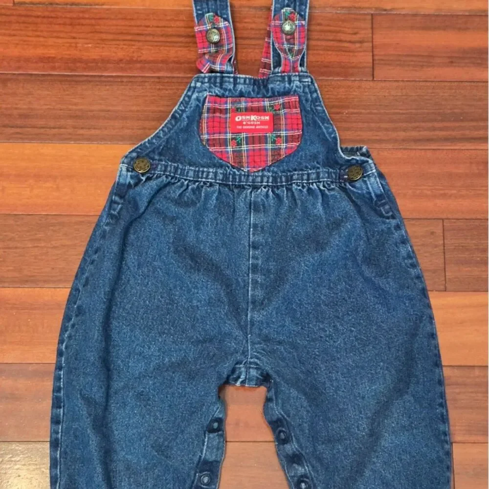 Vintage Oshkosh B'gosh Denim 2T Overalls Red Plaid Trim Bow Accent